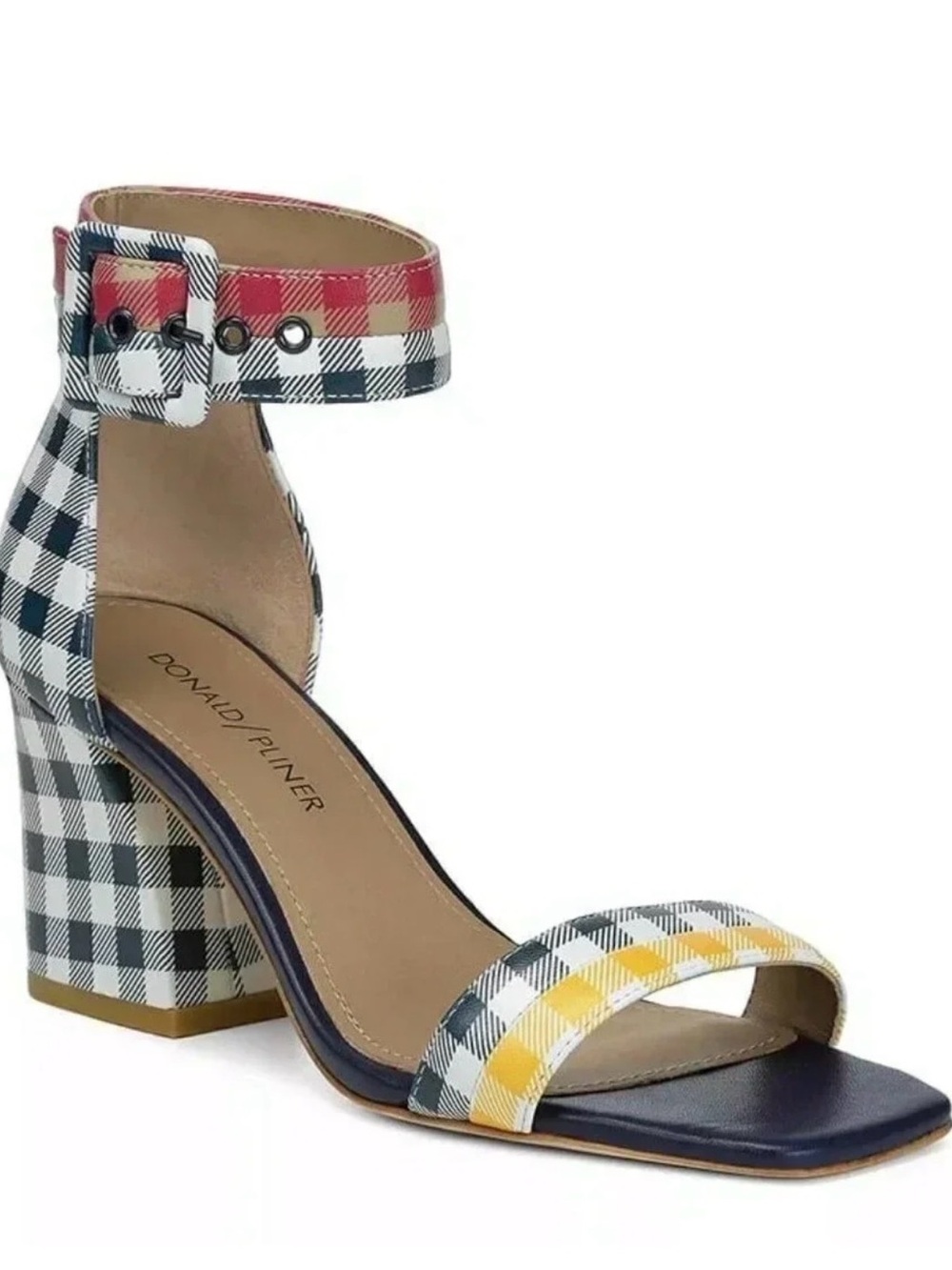 Donald J. Pliner Navy, Yellow & Red Plaid Ankle-Strap Block Heel Sandal